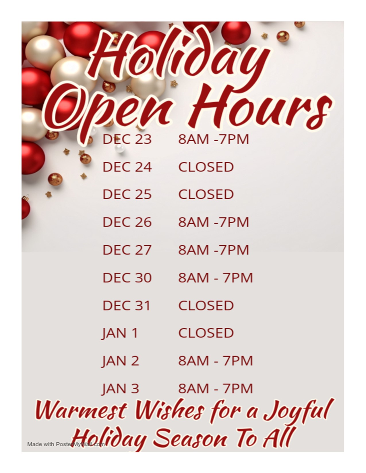 Holiday Hours