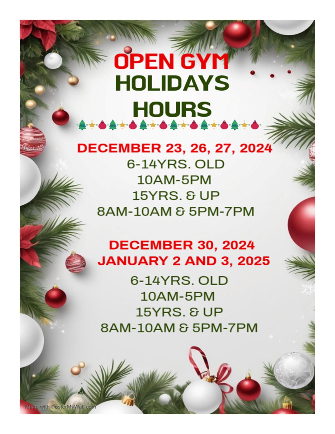 Holiday Open Gym Schedule